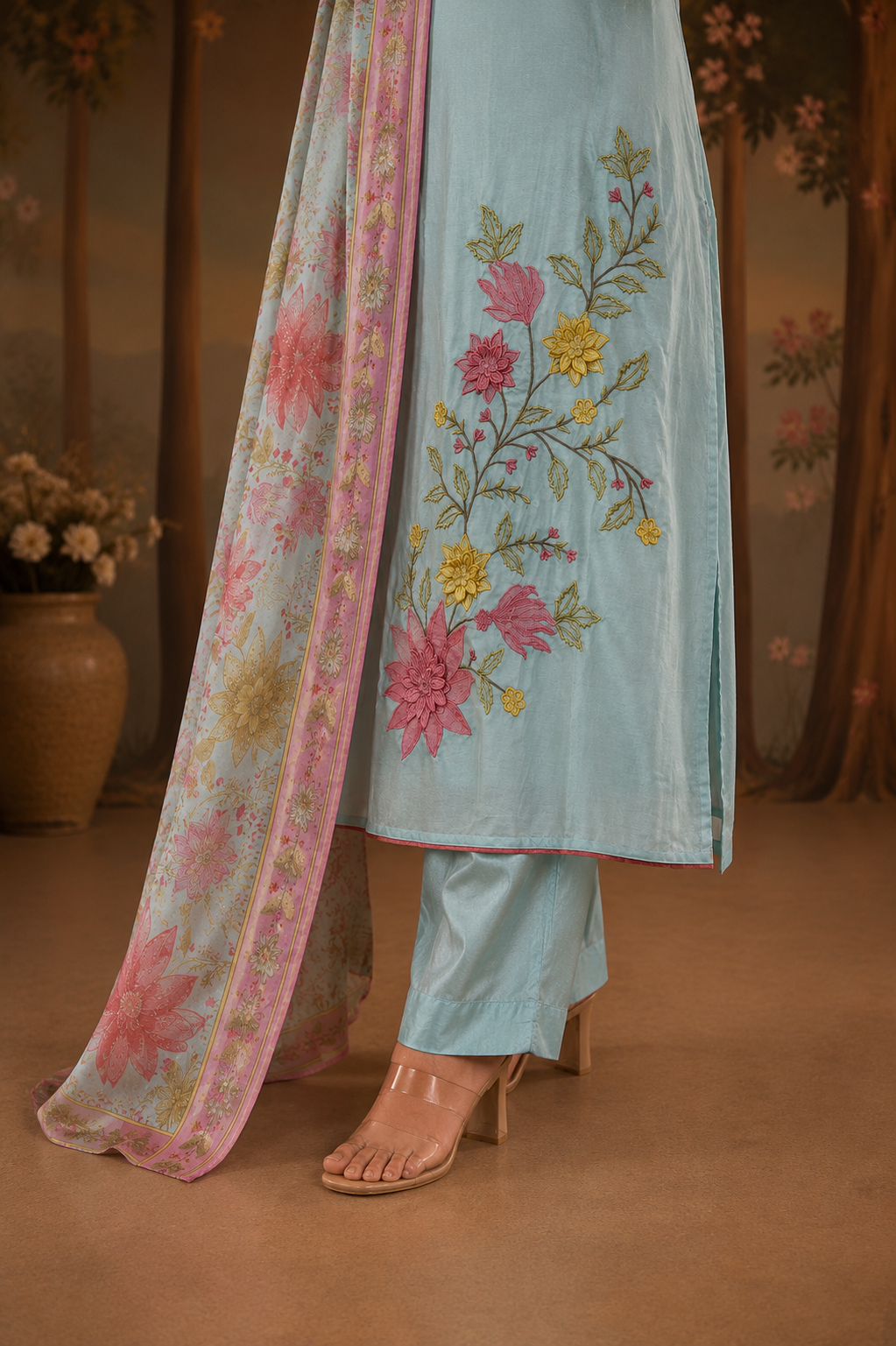 Blue Floral Chanderi Set