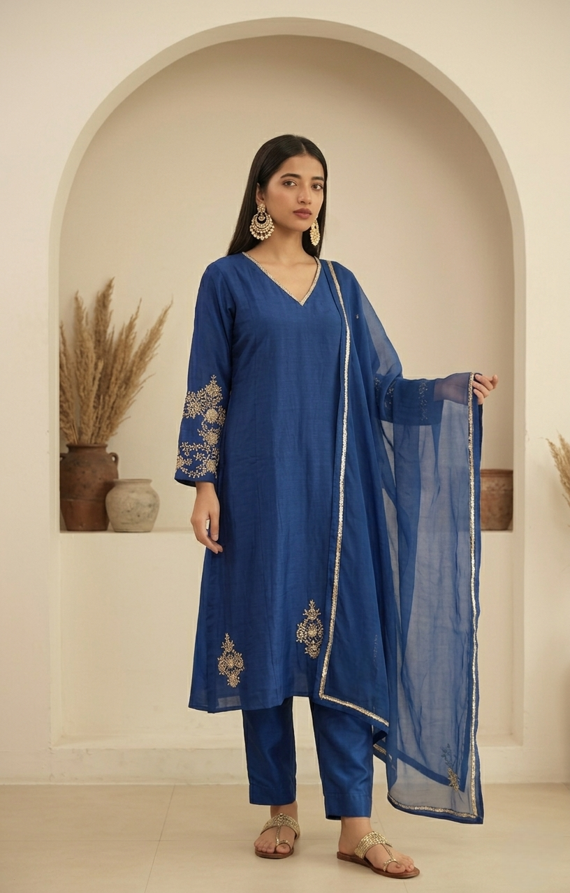 Blue A-line Mul Chanderi Suit Set