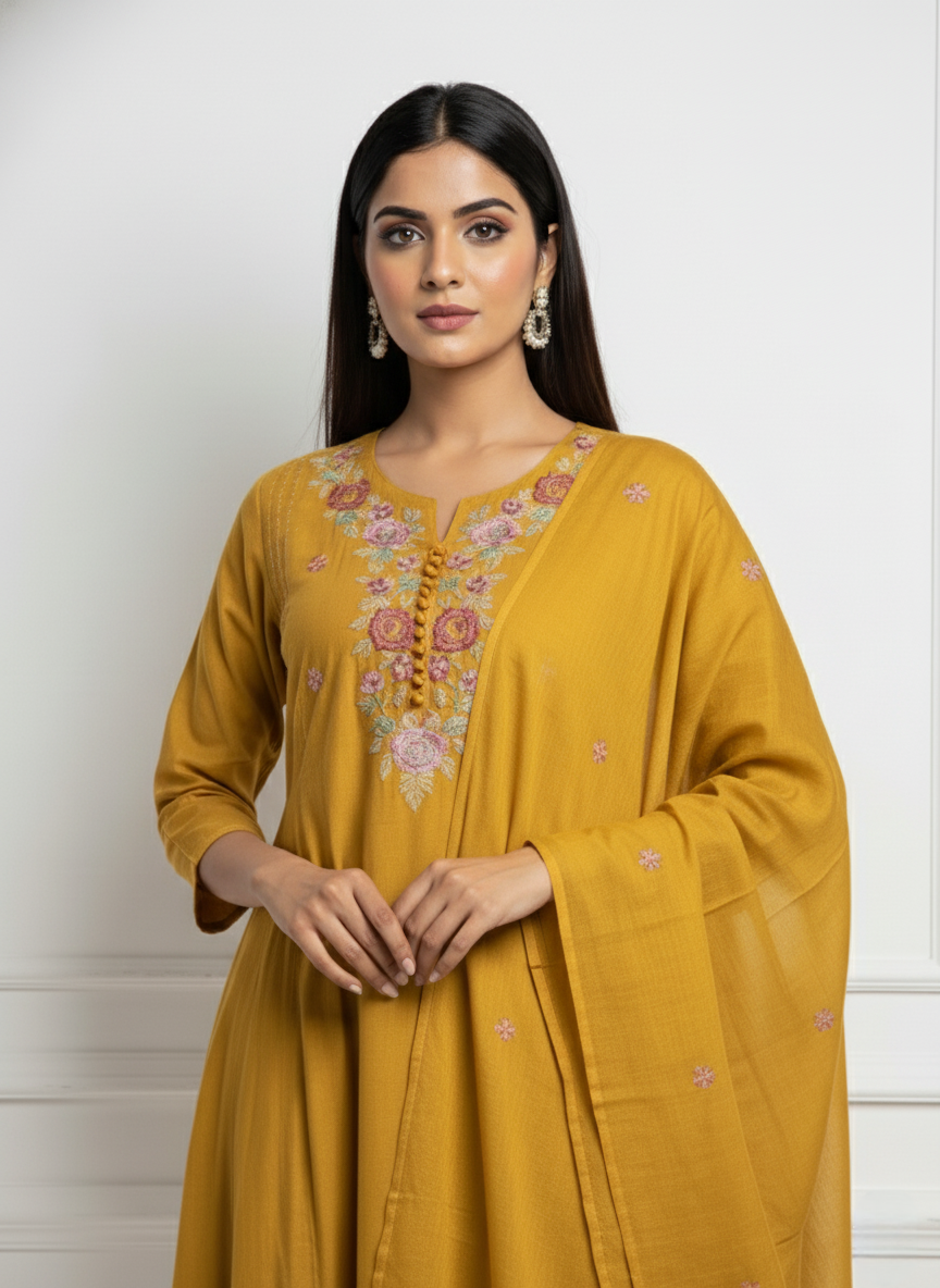 Mustard Yellow Embroidered Anarkali Suit Set