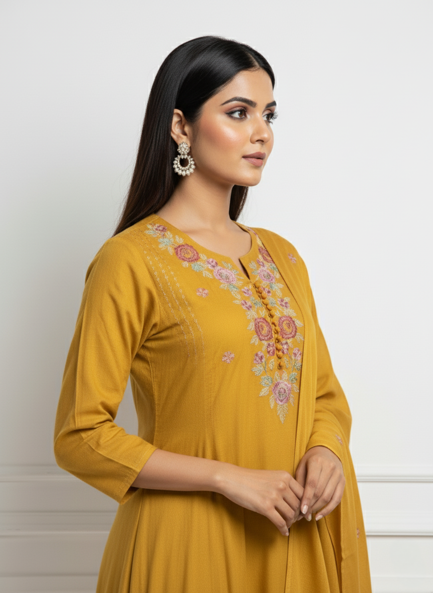 Mustard Yellow Embroidered Anarkali Suit Set