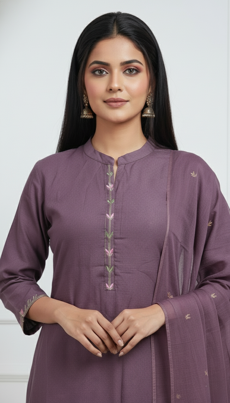Mauve Embroidered Pure Mul Cotton Set