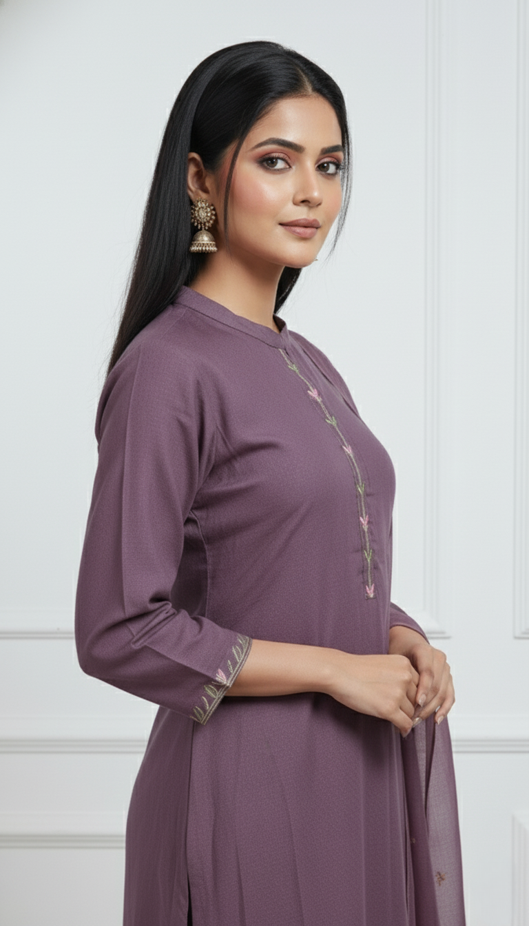 Mauve Embroidered Pure Mul Cotton Set