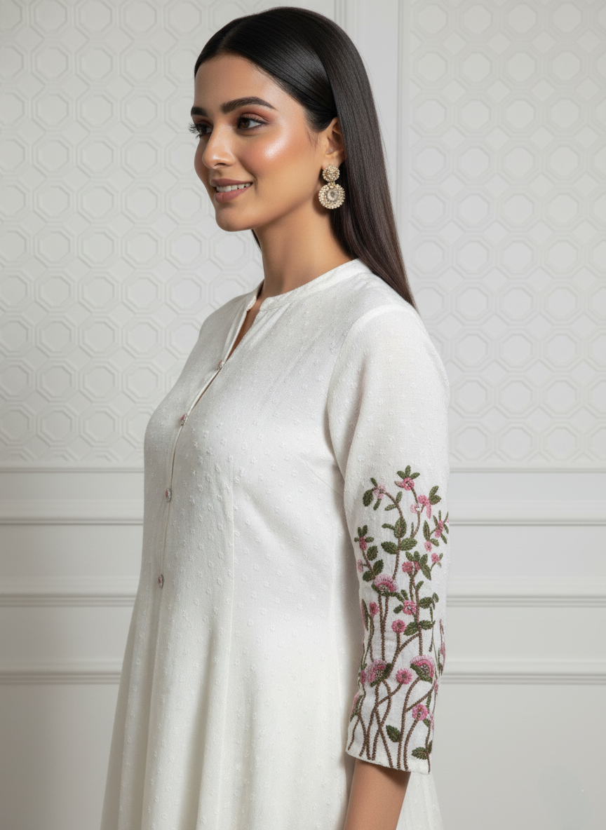 Dotted Muslin Flared Embroidered Kurta Set