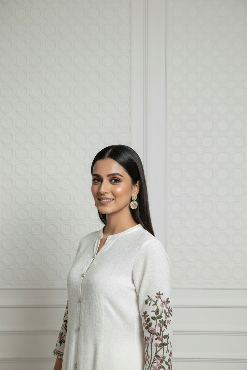 Dotted Muslin Flared Embroidered Kurta Set