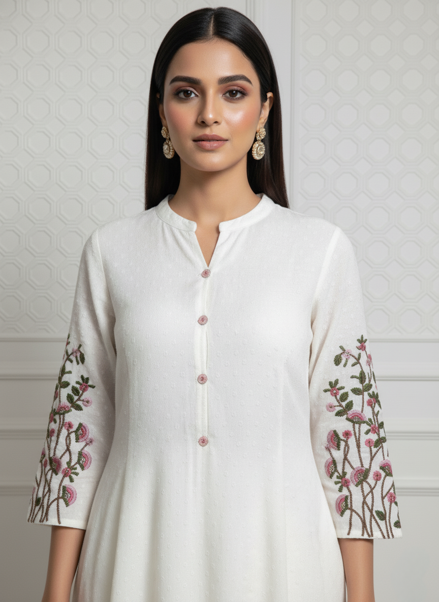 Dotted Muslin Flared Embroidered Kurta Set