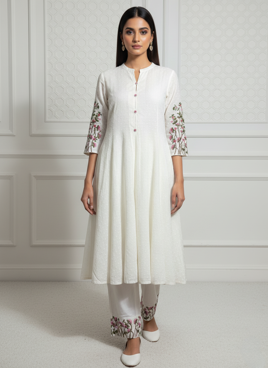 Dotted Muslin Flared Embroidered Kurta Set