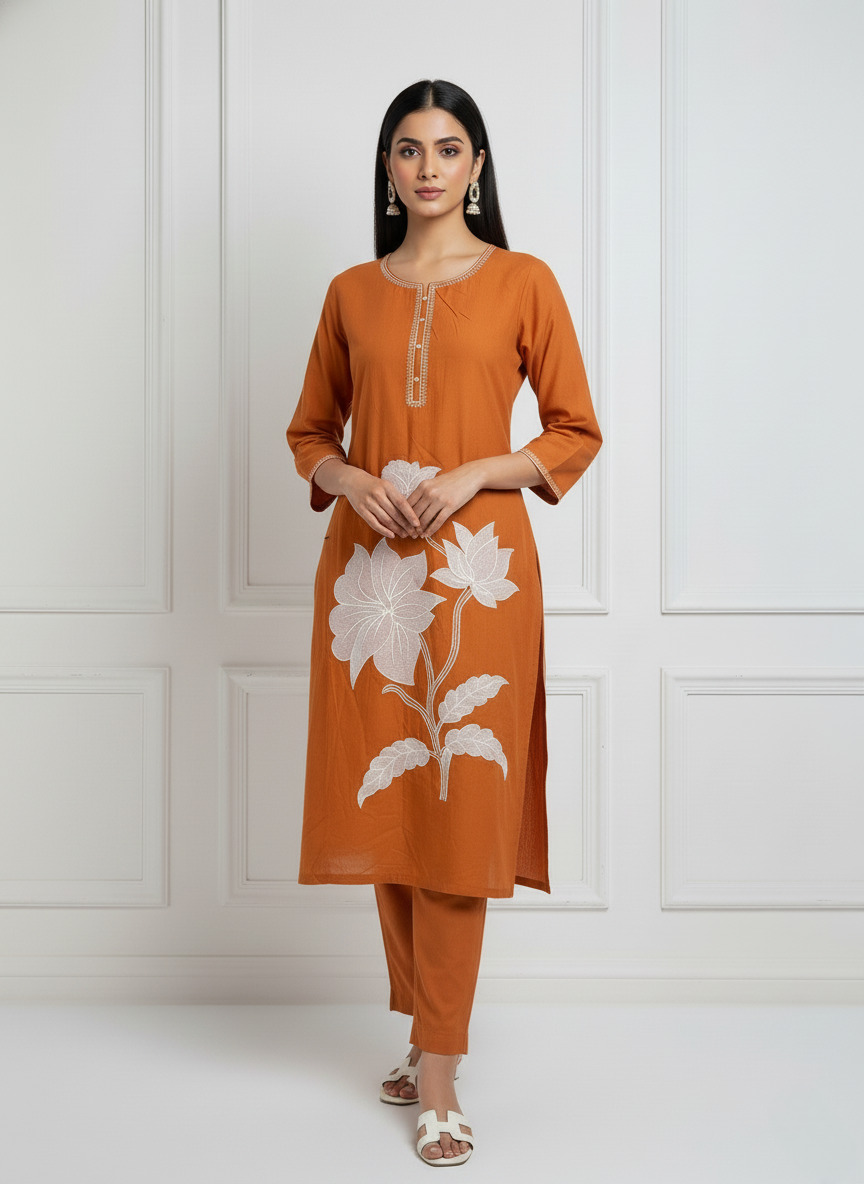 Rust Orange Cotton Set with Intricate Lotus Embroidery