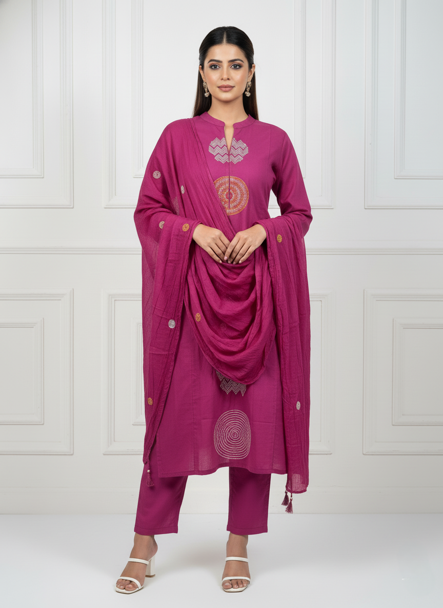 Fuchsia Embroidered Cotton Suit Set with Dupatta