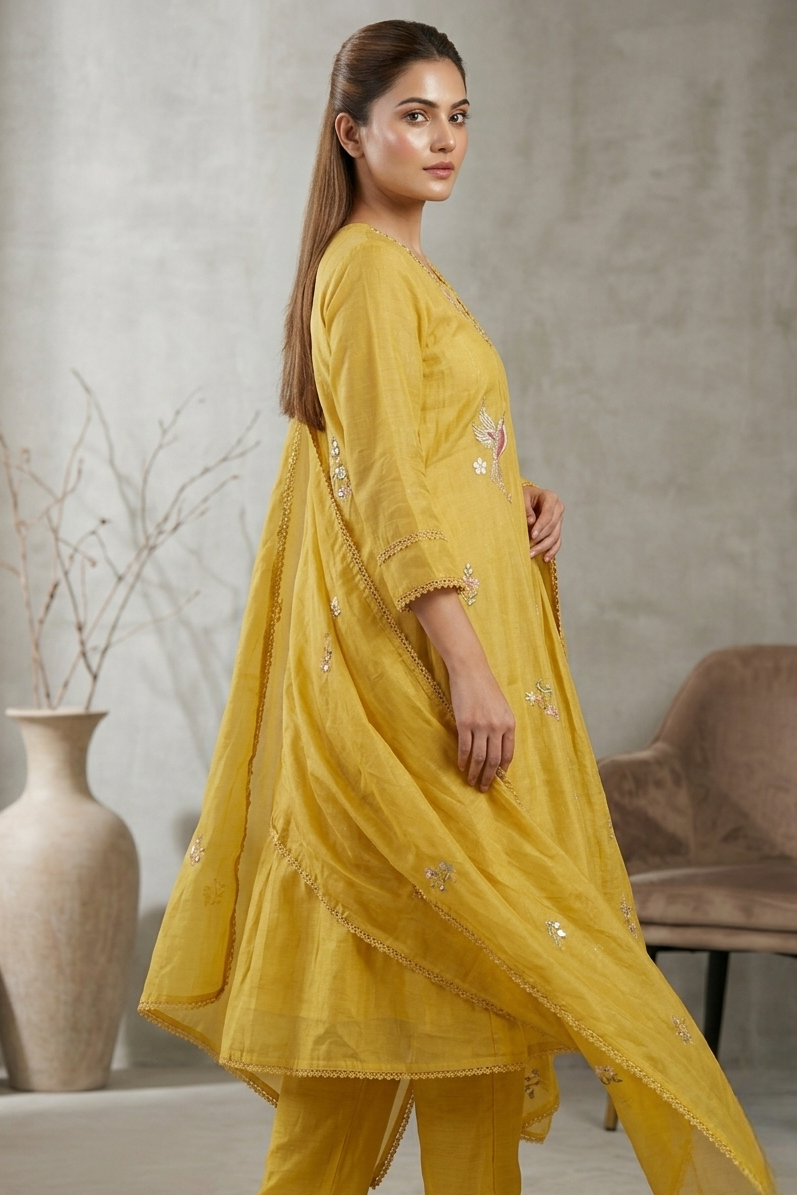 Yellow Mul Chanderi Suit Set