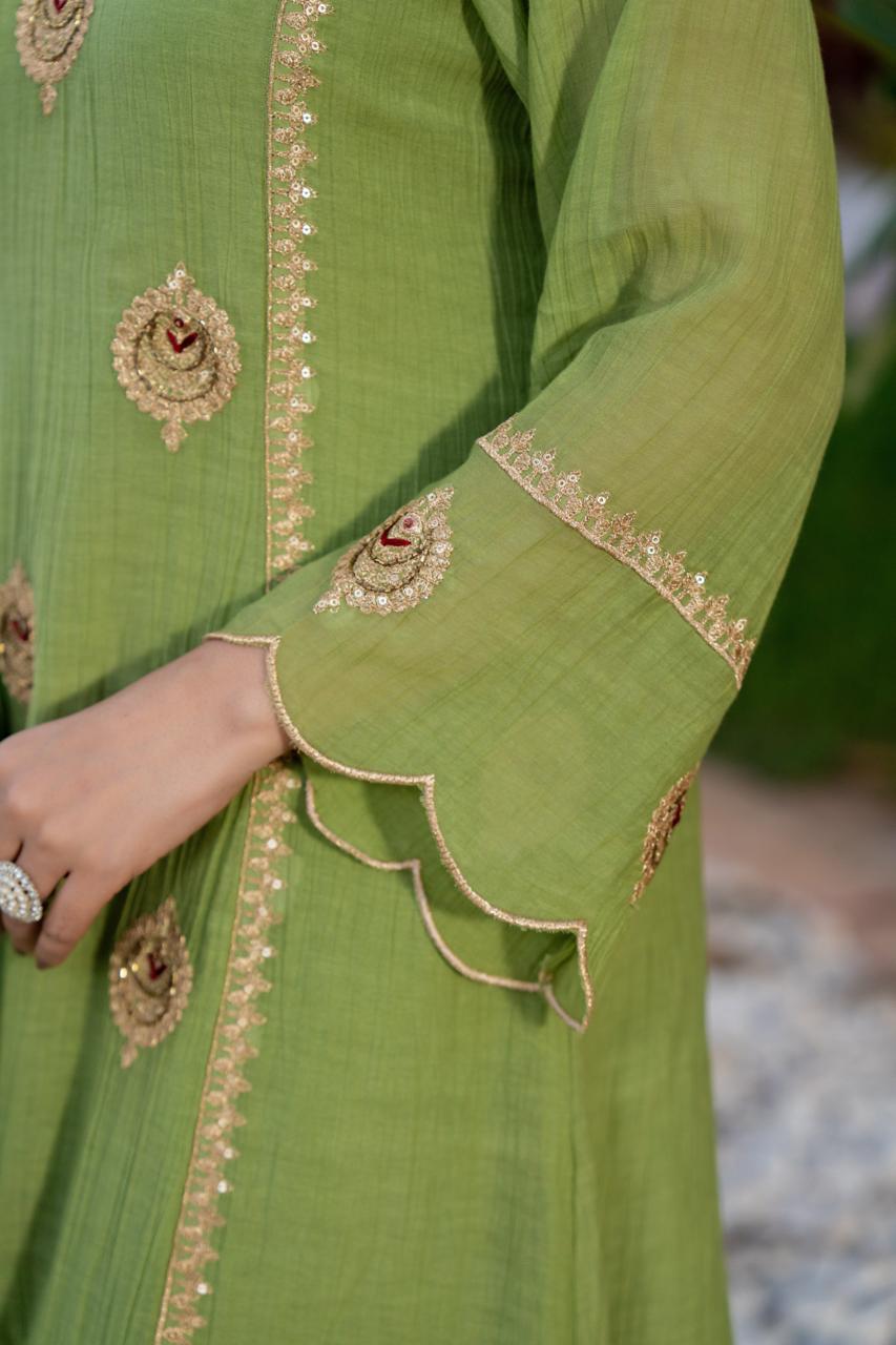 Green Chanderi Embroidered Set