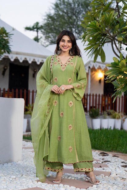 Green Chanderi Embroidered Set