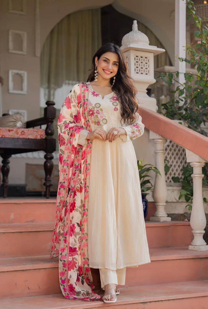 White Floral Kurta Set