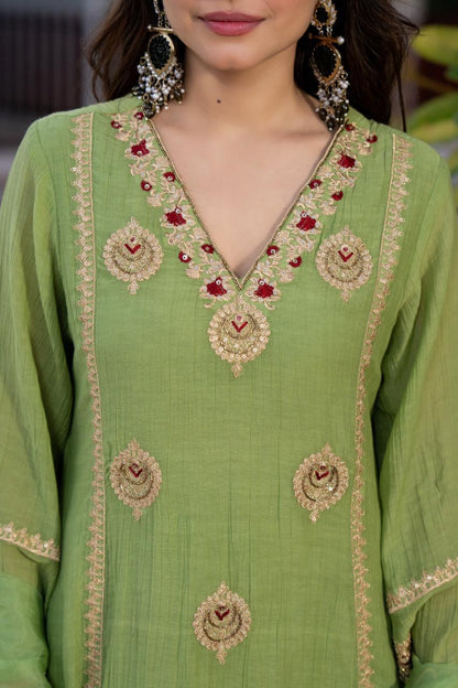 Green Chanderi Embroidered Set