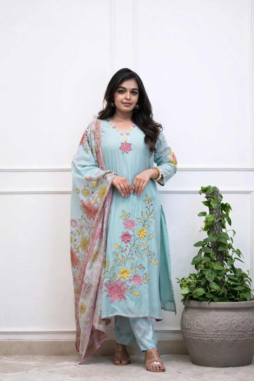 Blue Floral Chanderi Set
