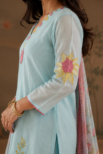 Blue Floral Chanderi Set