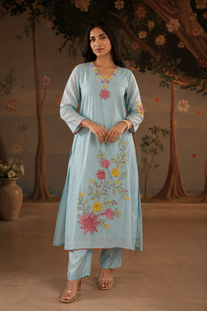 Blue Floral Chanderi Set