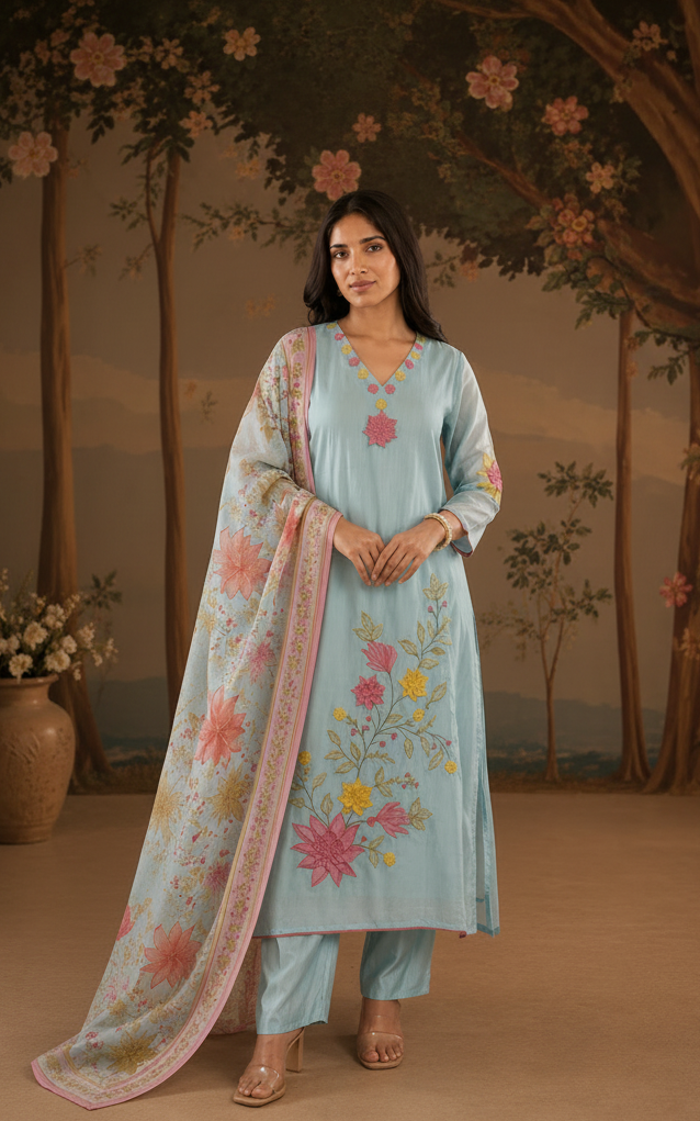 Blue Floral Chanderi Set