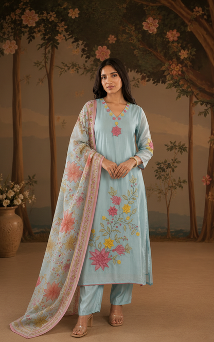 Blue Floral Chanderi Set