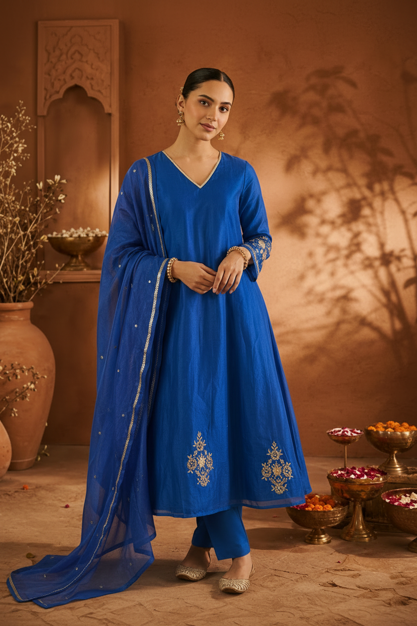 Royal Blue Pure Mul Chanderi A-Line Suit Set