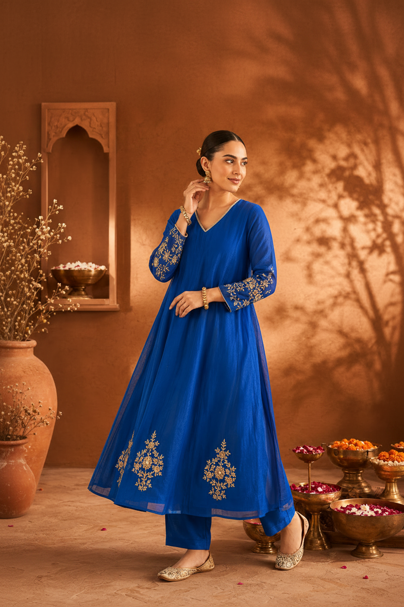 Royal Blue Pure Mul Chanderi A-Line Suit Set