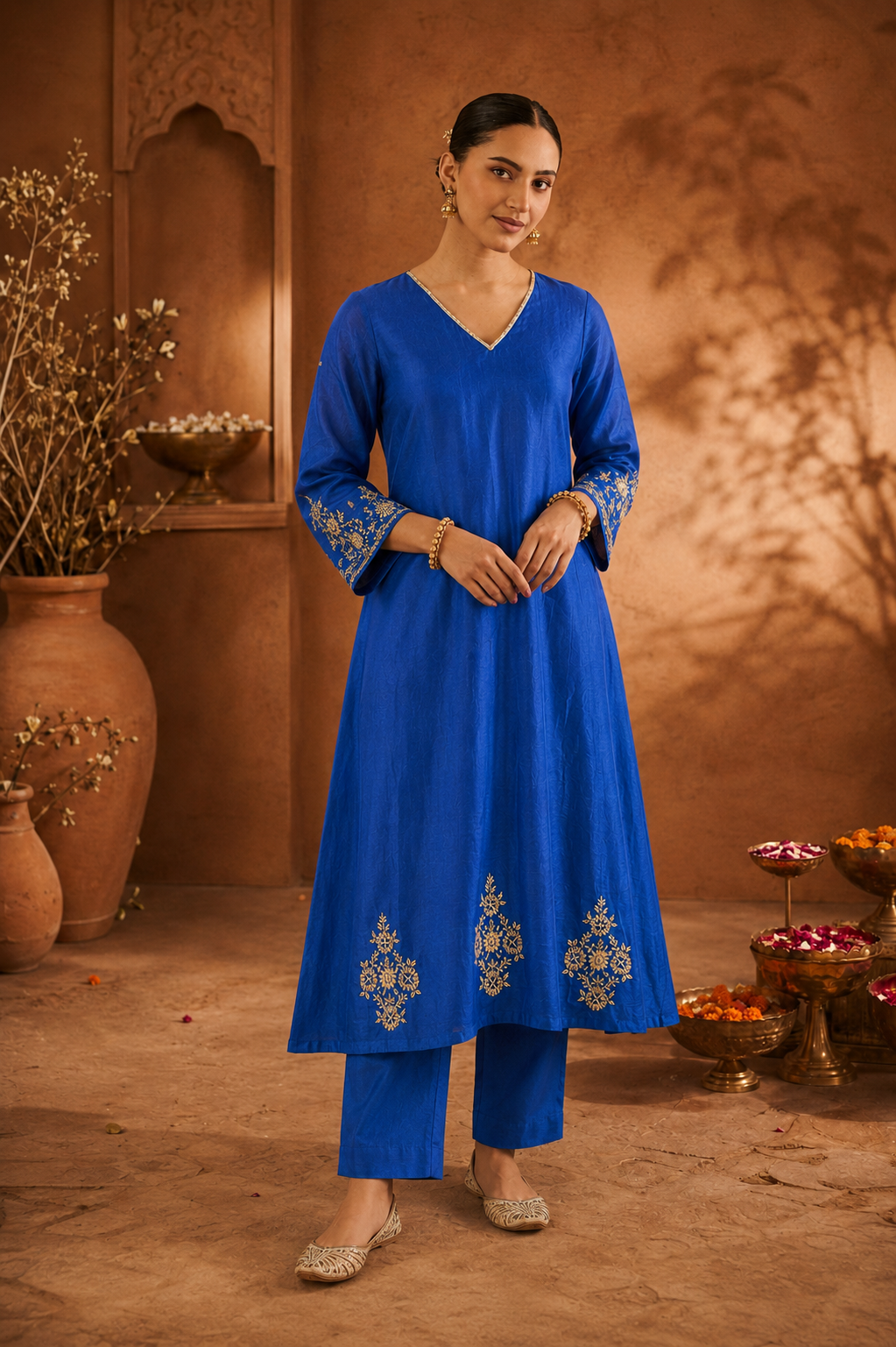 Royal Blue Pure Mul Chanderi A-Line Suit Set