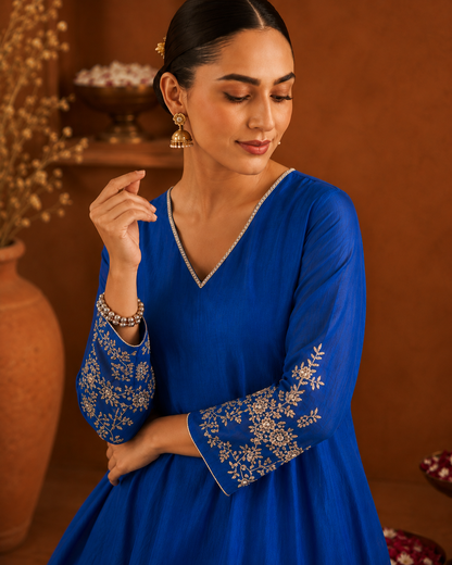 Royal Blue Pure Mul Chanderi A-Line Suit Set
