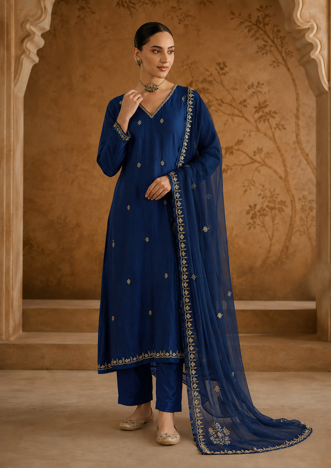 Navy Blue Mul Chanderi Kurta Set