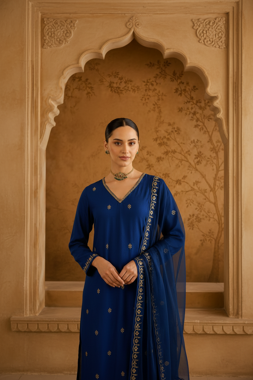 Navy Blue Mul Chanderi Kurta Set
