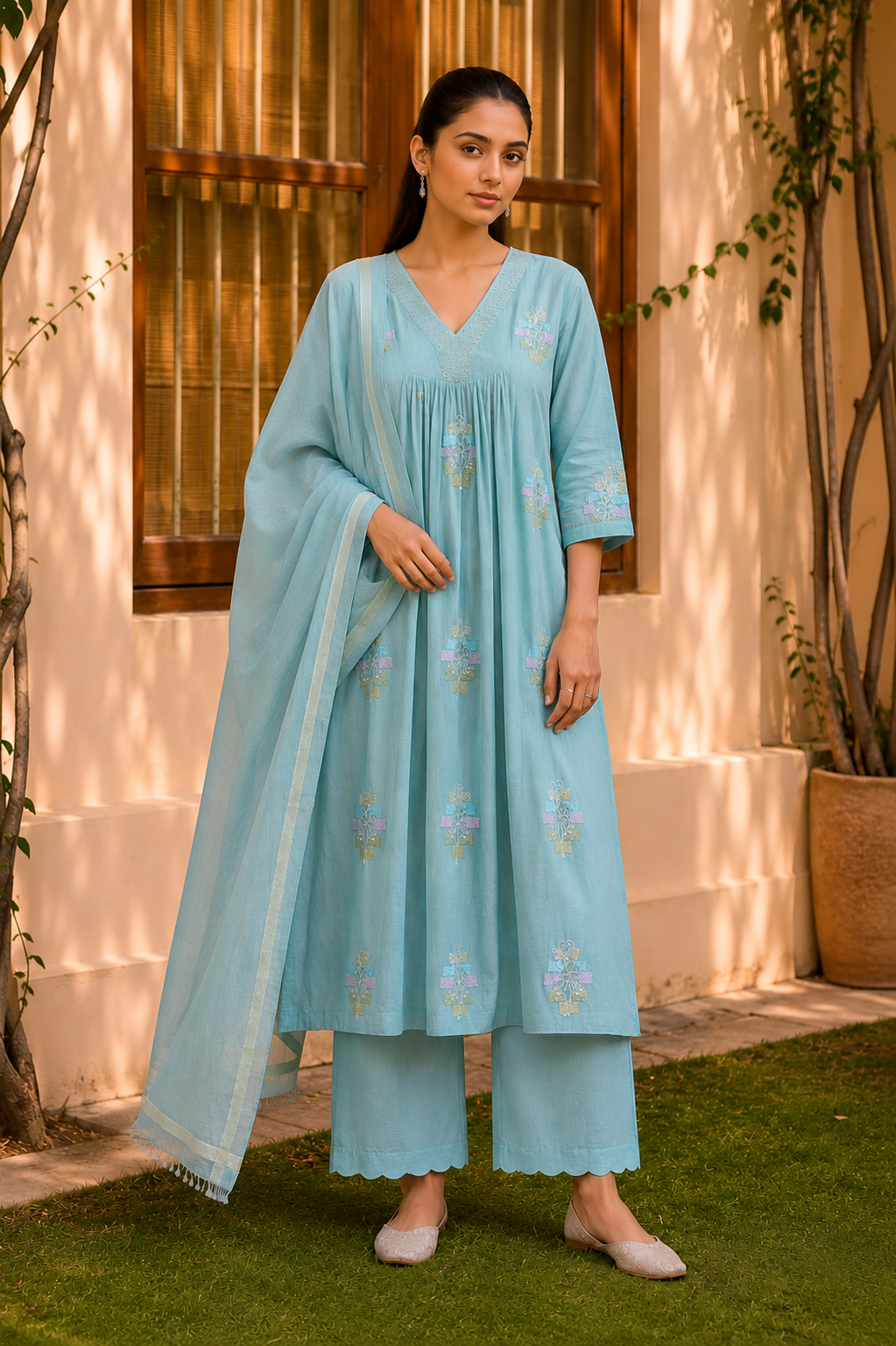 Aurelia Pastel Blue Mul Chanderi Kurta Set