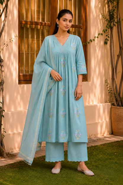 Aurelia Pastel Blue Mul Chanderi Kurta Set