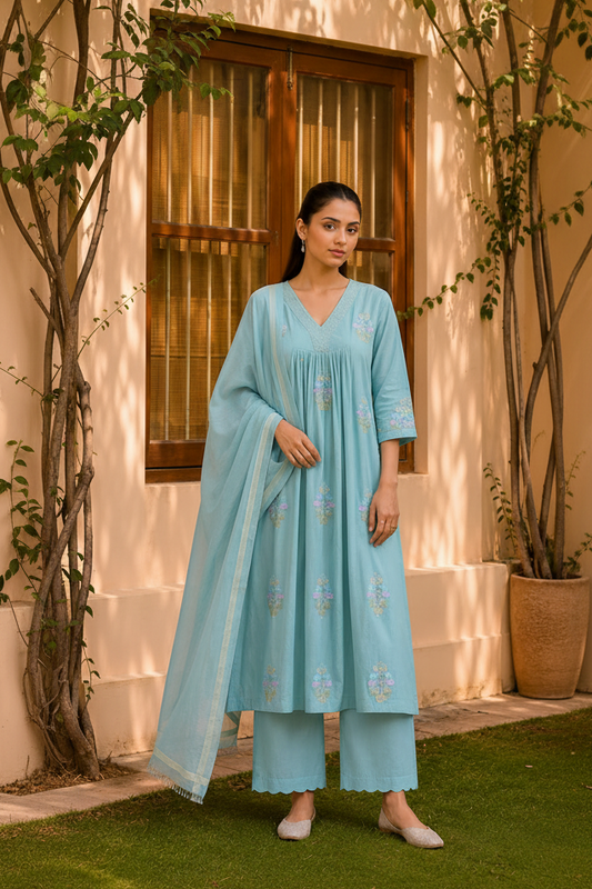 Aurelia Pastel Blue Mul Chanderi Kurta Set