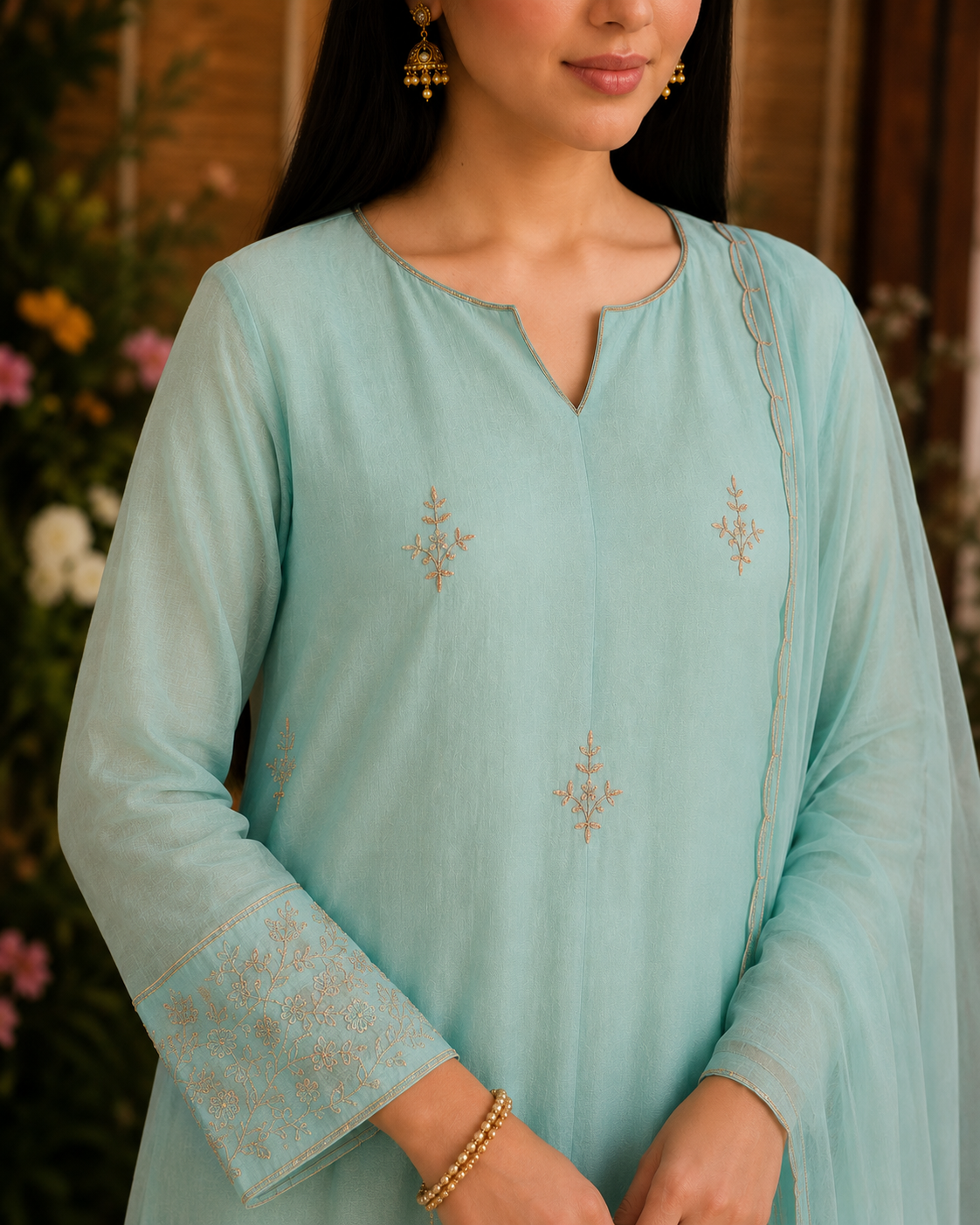 Aqua Noor Handcrafted Mul Chanderi Kurta Set