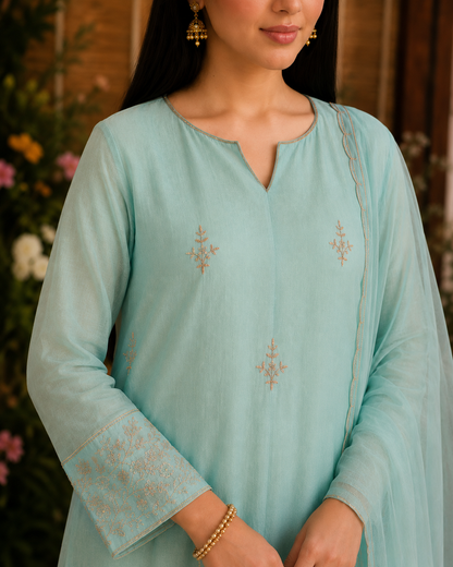 Aqua Noor Handcrafted Mul Chanderi Kurta Set
