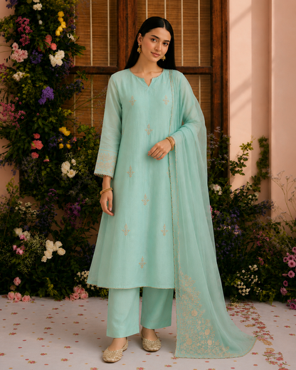 Aqua Noor Handcrafted Mul Chanderi Kurta Set