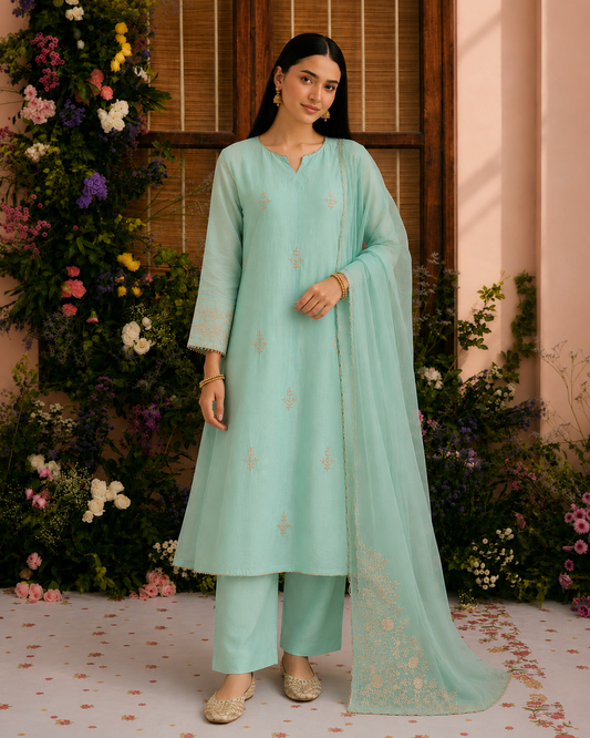 Aqua Noor Handcrafted Mul Chanderi Kurta Set