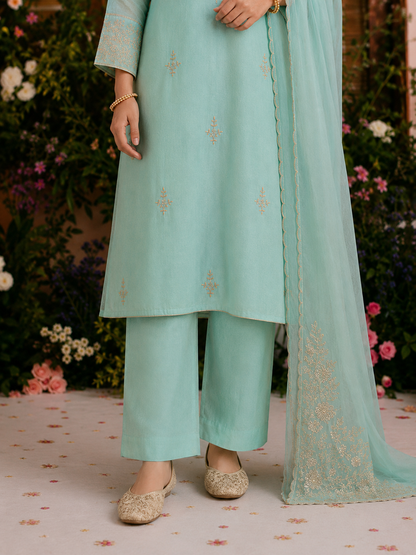 Aqua Noor Handcrafted Mul Chanderi Kurta Set