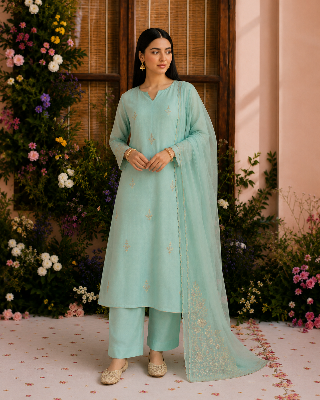 Aqua Noor Handcrafted Mul Chanderi Kurta Set