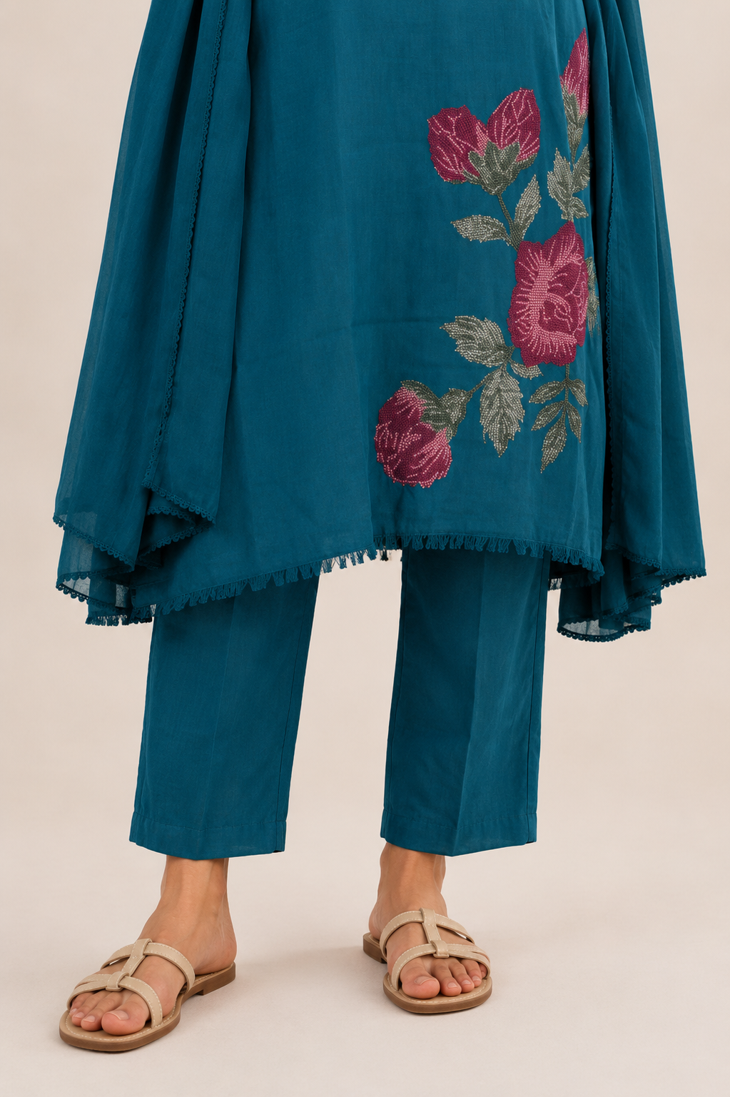 Teal Blue Rose Embroidered Set