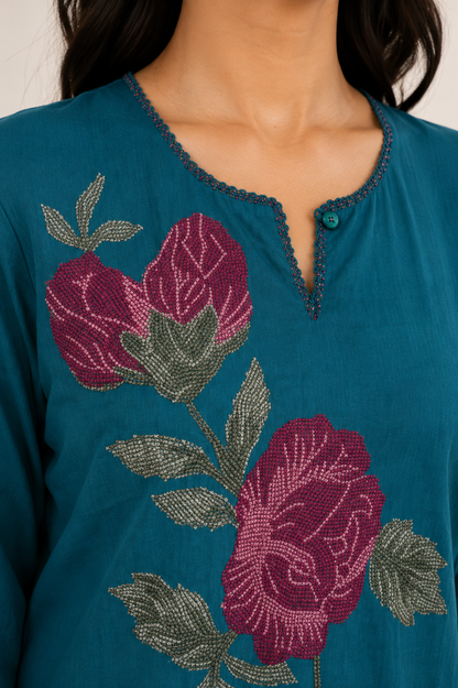 Teal Blue Rose Embroidered Set