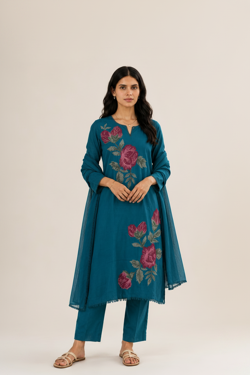 Teal Blue Rose Embroidered Set