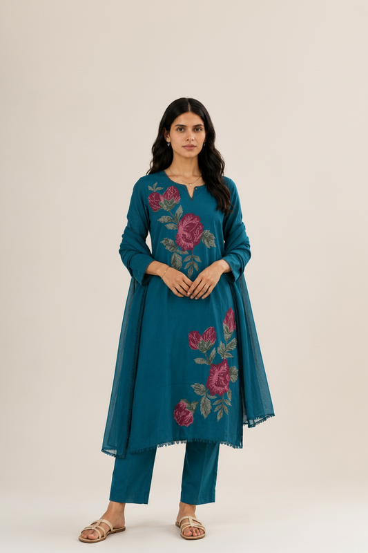 Teal Blue Rose Embroidered Set
