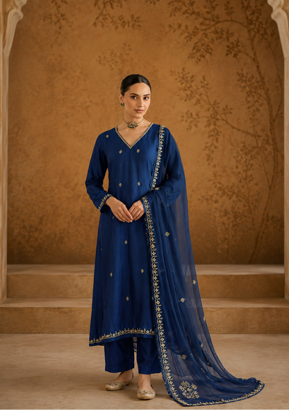 Navy Blue Mul Chanderi Kurta Set
