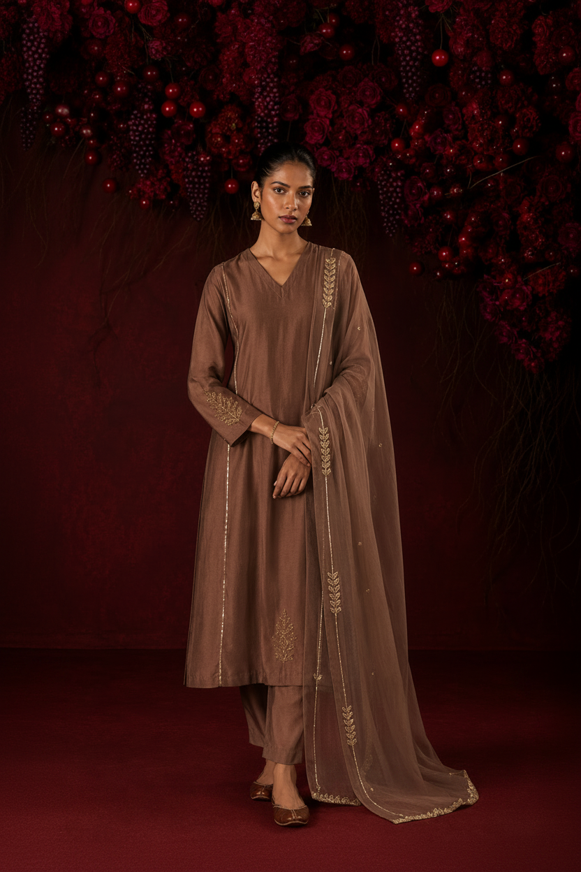 Mocha Noor – Handcrafted Mul Chanderi Kurta Set