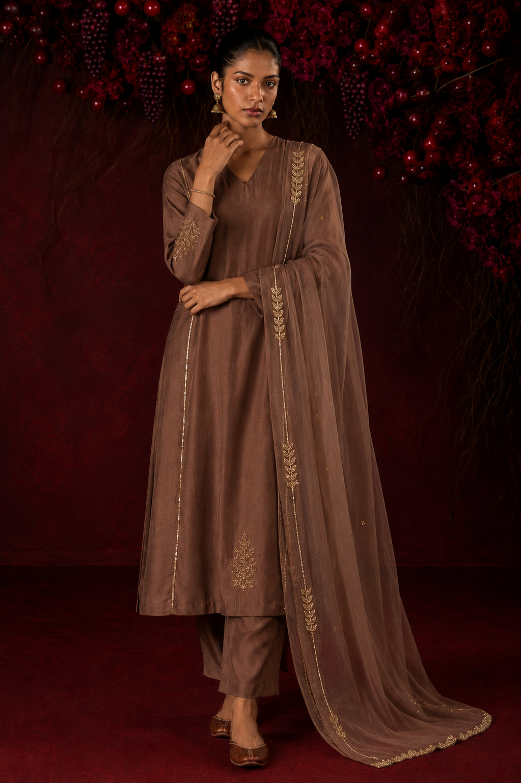 Mocha Noor – Handcrafted Mul Chanderi Kurta Set