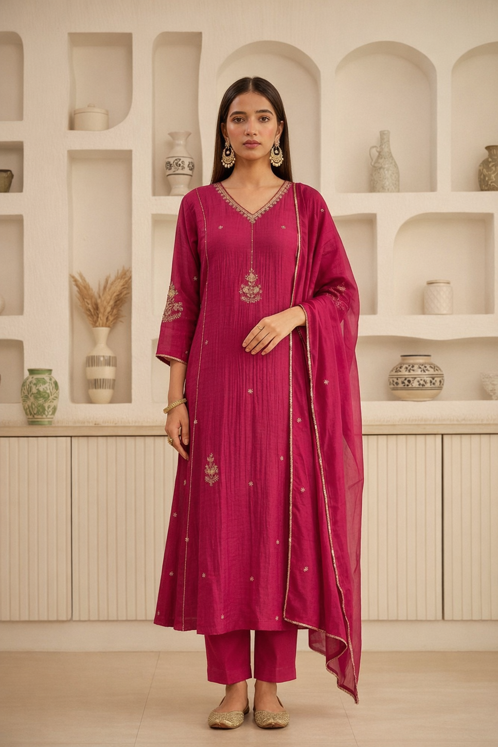 Pink Mul Chanderi Hand Work Kurta Set