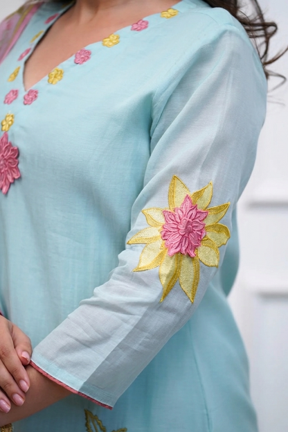 Blue Floral Chanderi Set