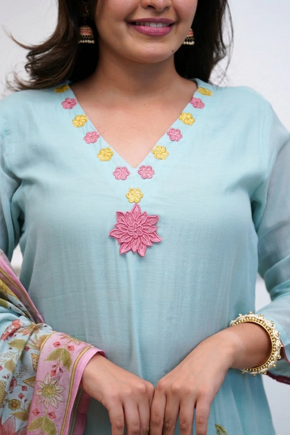 Blue Floral Chanderi Set