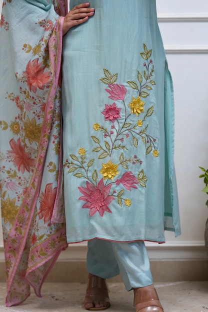 Blue Floral Chanderi Set