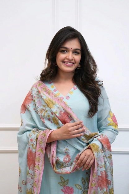 Blue Floral Chanderi Set