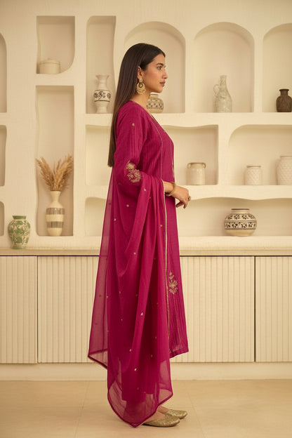 Pink Mul Chanderi Hand Work Kurta Set